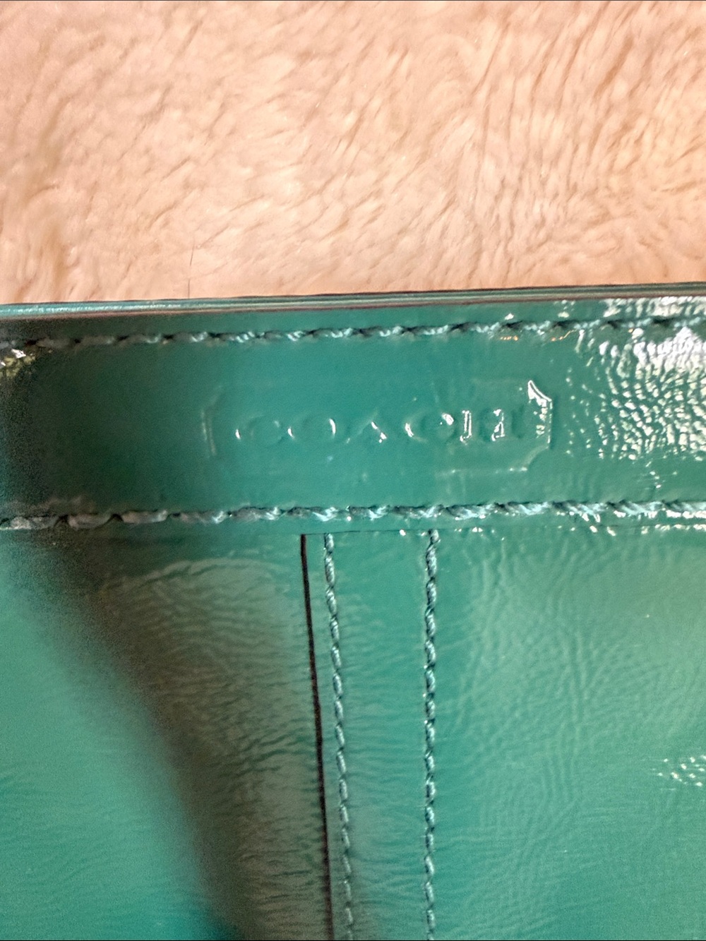 Coach Teal Green Patent Leather Slim Wristlet Zip Top Pouch Silver Hardware - Picture 3 of 8